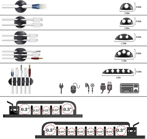 Vista 7 de Kit de gestión de cables de 302 piezas, 4 fundas para cables, 45 clips para cables, 11 soportes para cables, 22 correas organizadoras de cables
