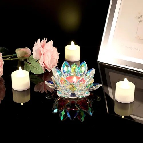 Vista 7 de OwnMy Portavelas de Luz de Té con Flor de Loto de Cristal, Portavelas Votivo de Pétalos de Loto, Lámpara de Velas, Soporte de Velas de Té de Flor