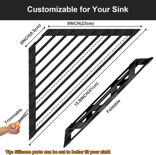 Vista 2 de HANZENMA Estante triangular para fregadero, estante multifuncional sobre la encimera, esterilla plegable para secar el fregadero, resistente al Negro