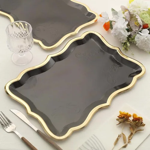 Vista 5 de Efavormart - Paquete de 10 bandejas rectangulares negras de 14 x 10 pulgadas con borde dorado, bandejas de papel resistentes de 400 GSM para bodas