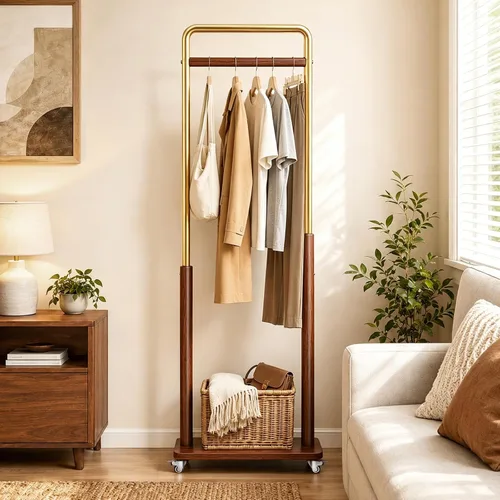 Vista 11 de Brand Perchero de madera maciza con ruedas independiente, entrada dormitorio sala de estar, combinación de madera de metal, ropa ropa bufanda