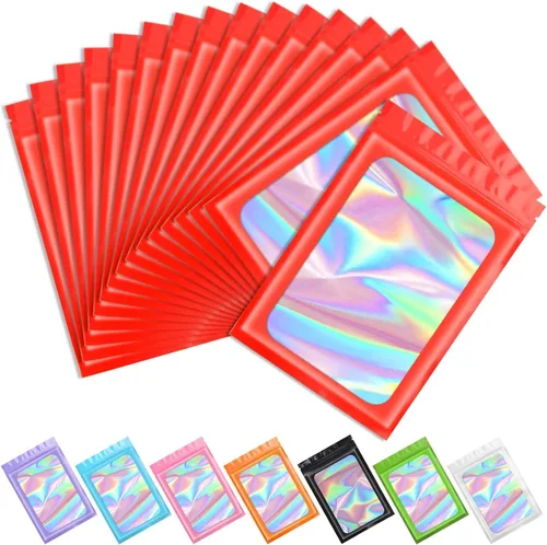 Vista 15 de Funfery 100 bolsas holográficas de Mylar naranja, cremallera resellable