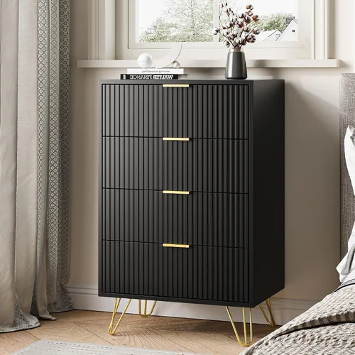 Vista 5 de MAISONARIA Cómoda negra para dormitorio, cómoda de 4 cajones con tiradores de metal dorado y cómodas, cómodas para pasillo, dormitorio