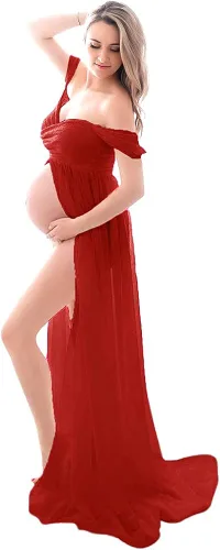 Vista 3 de Fuera del hombro de la colmena de la manga del cordón vestido de maternidad de la ducha del bebé maxi fotografía traje largo piso longitud vestido