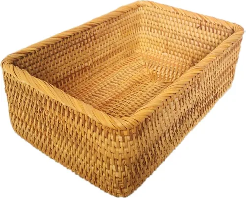 Vista 7 de Caja de frutas de mimbre rectangular hecha a mano, bandeja de ratán, organizador de revistas y objetos pequeños, cesta para servir (pequeña)
