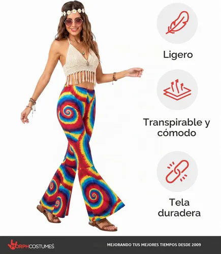 Vista 8 de Disfraz para mujer de los años 70 de las décadas de los años 70 Hippie acampanadas de discoteca arcoíris