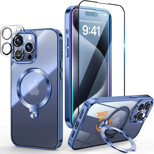 Vista 31 de [Protección Tri-Shield] Funda para iPhone 13 Pro con soporte giratorio de 360° compatible con MagSafe [anillo magnético de CD)