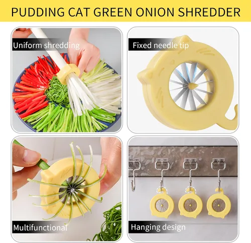 Vista 6 de Cortador de cebolla verde con forma de gato, 2 piezas de 12 cuchillas de acero inoxidable, cortador de cebolla verde de plástico de grado