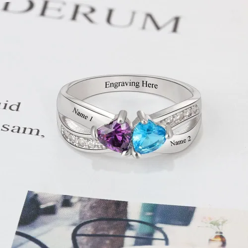 Vista 5 de Personalized 2 Simulated Birthstone Rings for Women Mothers Ring with Names Custom Promise Rings for Women