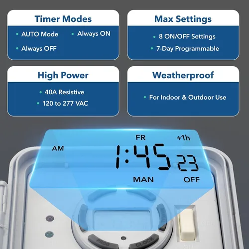 Vista 2 de BN-LINK Temporizador de bomba de piscina, caja de temporizador digital para exteriores, resistente programable de 7 días, 2 HP 40 A máximo, 120