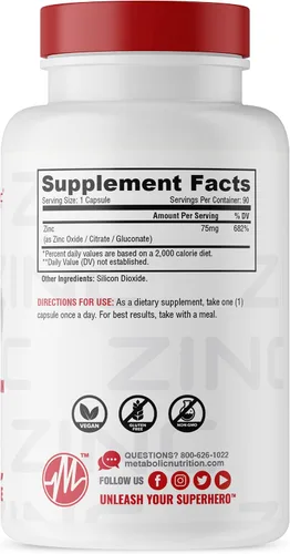 Vista 2 de Suplemento de zinc de Metabolic Nutrition, 75 mg, 90 cápsulas de zinc, apoya la función del sistema inmunológico con óxido de zinc