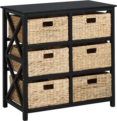 Vista 11 de eHemco Mesa auxiliar de 3 niveles con diseño en X y cestas de mimbre para mesita de noche, sala de estar, negro 3 cestas de mimbre, para mesita
