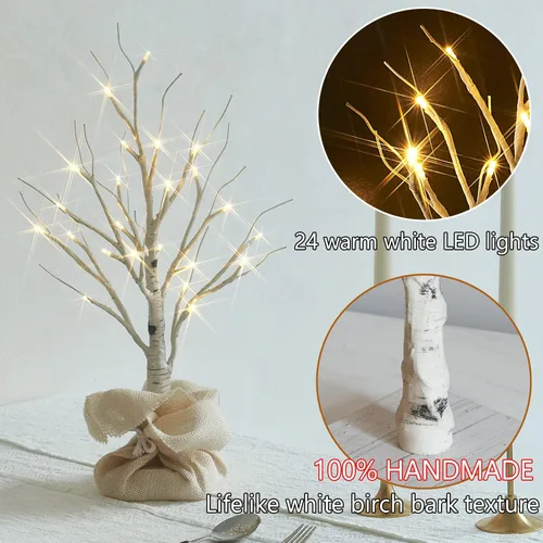 Vista 2 de Fudios Árbol de abedul iluminado con temporizador, funciona con pilas, 18 pulgadas, decoración del hogar, árboles de abedul artificiales