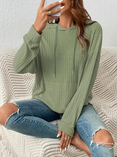 Vista 3 de Sudaderas con capucha suaves para mujer, 2023, elástica, de punto acanalado, de manga larga, a la moda, con bolsillos