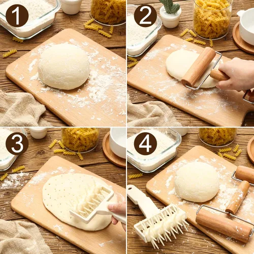 Vista 4 de Mudder Juego de 2 piezas de rodillo de masa de pizza, rodillo de plástico para pastelería con pinchos, rodillo de madera antiadherente