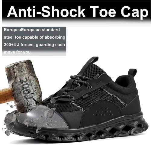 Vista 2 de Zapatos de punta de acero para hombres y mujeres, zapatos de trabajo de seguridad, cómodos, con puntera de acero, a prueba de pinchazos, zapatos