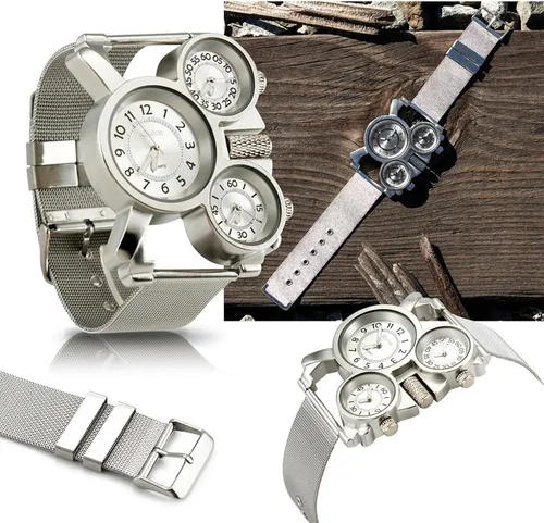 Vista 2 de Oct17 Reloj de pulsera analógico de cuarzo militar de acero inoxidable con malla de metal correa de reloj durable incluye subesferas multi zona