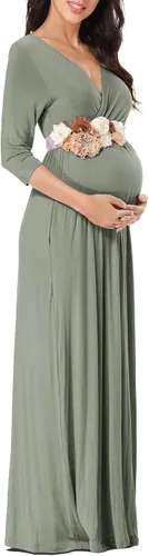Vista 4 de Kim S Vestido largo de maternidad con banda de flores (S-3XL), vestido de fiesta baby shower con cuello en V fruncido