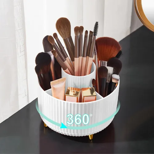 Vista 14 de Organizador para brochas de maquillaje, organizador de brochas de maquillaje giratorio 360°, taza con 5 ranuras para brochas de maquillaje