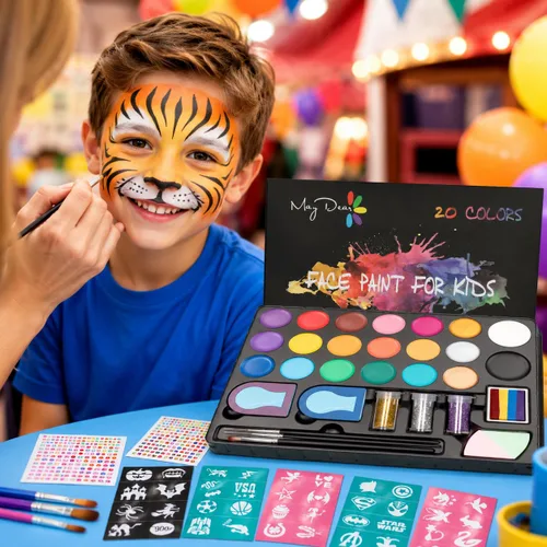Vista 2 de Maydear Kit de pintura facial para niños, paleta de maquillaje a base de agua de 20 colores con plantillas, purpurina, pastel dividido de arcoíris