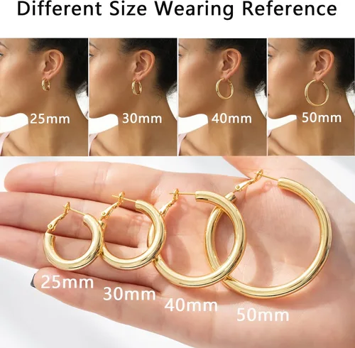 Vista 4 de Aretes de aro de oro grueso, aros ligeros de tubo de aulllow dorados gruesos para mujer, aretes grandes hipoalergénicos de 0.984in, 1.181in