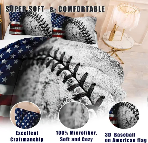 Vista 4 de Bodhi Juego de edredón de béisbol tamaño individual para niños, juego de edredón de bandera estadounidense tamaño individual, juego de ropa de cama