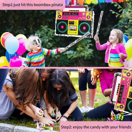Vista 4 de Boombox Piñata con palo con los ojos vendados de los años 80, hip hop, juego de piñata mexicana para fiesta de regreso a los 80, regalos de radio
