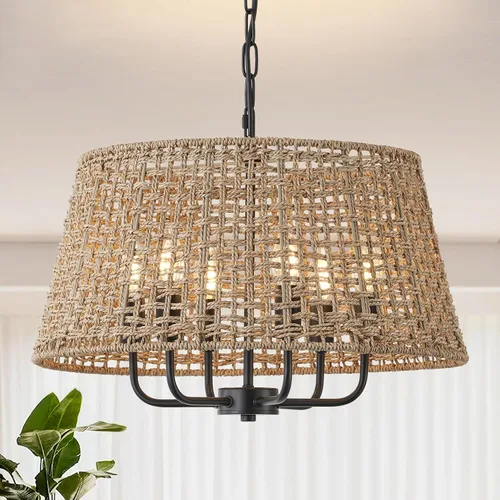 Vista 11 de Lámpara de araña de ratán bohemio de 20 pulgadas para comedor, 5 luces tejidas a mano de ratán natural con cadena ajustable, enchufes E12
