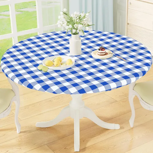 Vista 9 de misaya Mantel redondo ajustable con borde elástico, mantel de vinilo impermeable a cuadros de búfalo con parte trasera de franela para mesas