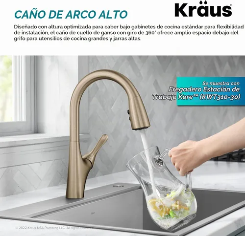 Vista 4 de Kraus Merlin - Grifo de cocina con un solo mango extraíble en transición, color negro mate, KPF-1674MB