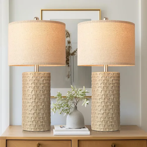 Vista 13 de PARTPHONER Juego de 2 lámparas de mesa de cerámica modernas de 23 pulgadas, lámparas de mesa para sala de estar, lámparas de noche rústicas