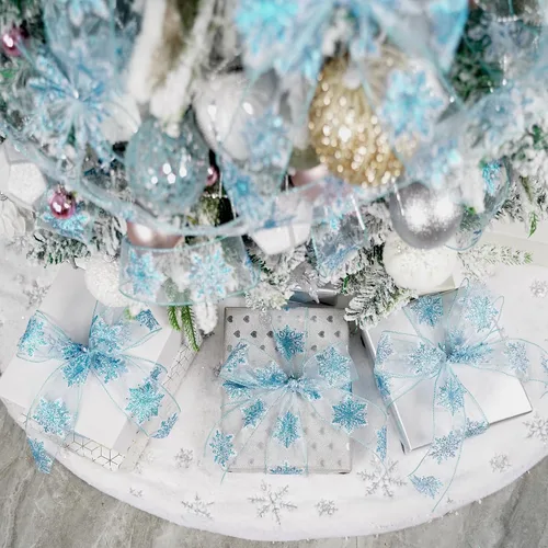 Vista 5 de HUIHUANG Cinta con alambre con purpurina de copo de nieve, cinta de copo de nieve azul y blanca para árbol de Navidad, 2-1/2 pulgadas x 25 yardas