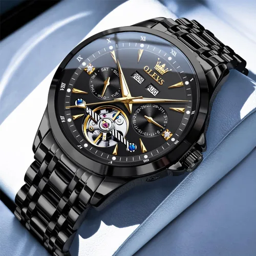 Vista 9 de OLEVS Relojes automáticos para hombre, de lujo, esqueleto multifuncional, reloj mecánico de cuerda automática, fecha, impermeable, luminoso, reloj