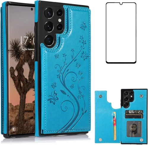 Vista 12 de Asuwish Funda para Samsung Galaxy S22 Ultra con protector de pantalla de vidrio templado, funda de cuero con soporte para tarjetas, doble cierre