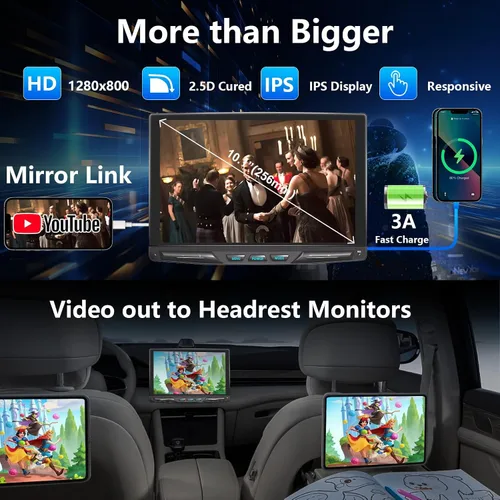 Vista 3 de Estéreo inalámbrico para automóvil de 10.1 pulgadas, desmontable y ajustable, Apple Carplay y Android Auto con pantalla táctil IPS de 1280 x 800