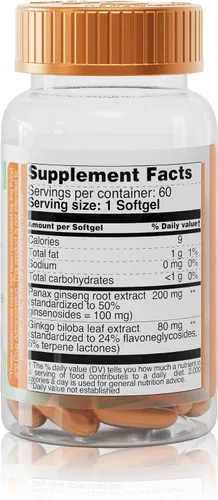 Vista 9 de Panax - Extracto de ginseng de 200 mg y complejo de ginkgo biloba de 80 mg, 60 cápsulas blandas, fórmula energética y concentración, suplemento