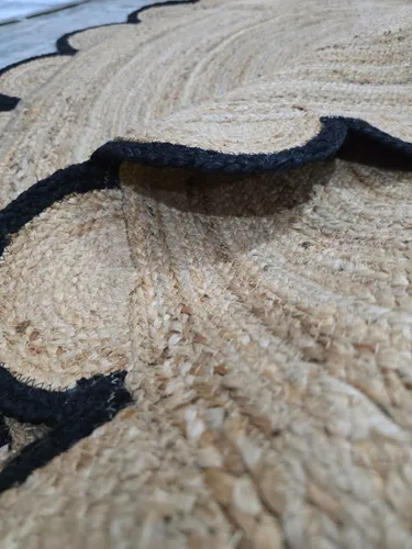 Vista 5 de Alfombra redonda natural de yute, alfombra de suelo con borde festoneado, trenzado, bohemio, ecológico, grande, circular hecha a mano, color negro