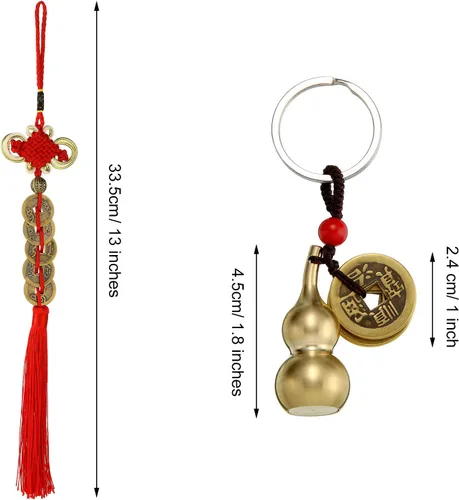 Vista 7 de 2 piezas de monedas chinas Feng Shui y latón Wu Lou Salud amuleto de calabaza llavero de nudo chino Amuleto de la suerte Abalorios de la suerte
