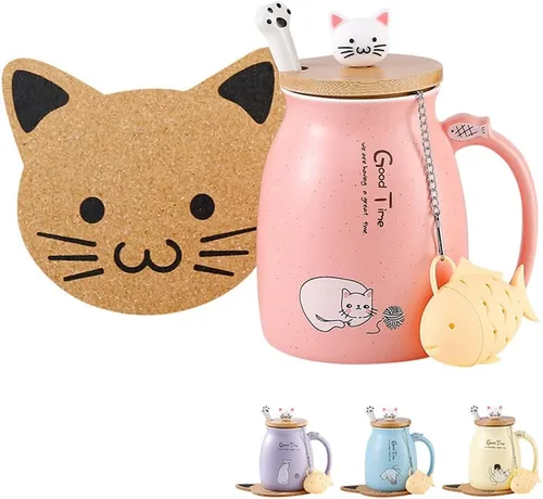 Vista 14 de BigNoseDeer Lindas tazas Kawaii de gato, taza de café de cerámica con infusor y tapa, cuchara, taza de té, regalos lindos y geniales para mujeres
