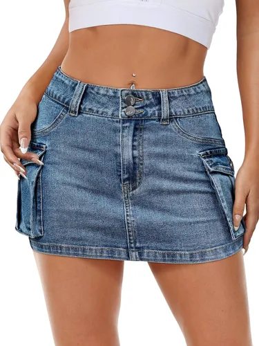 Vista 2 de Falda de mezclilla tipo cargo para mujer, mini, cintura baja, con botones y bolsillos con solapa Y2K