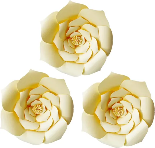 Vista 14 de Decoración de flores de papel gigantes para boda, fiesta, telón de fondo de flores, flores hechas a mano para guardería, decoración de pared de Crema