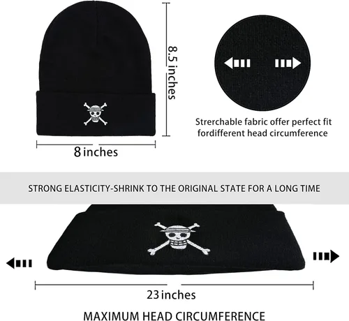 Vista 4 de Linhiian Anime Skull and Crossbones Embroidered Black Beanie Hats for Men Wome-Warm Stretchable Quackity Cuffed Beanie Hat
