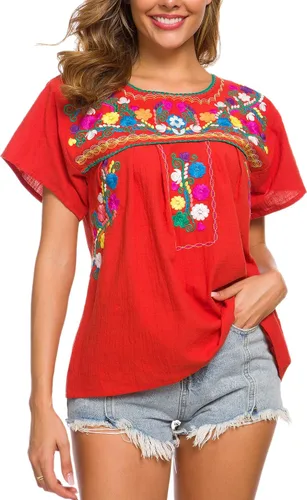 Vista 2 de YZXDORWJ - Cómoda blusa mexicana bordada de verano y sin mangas para mujer