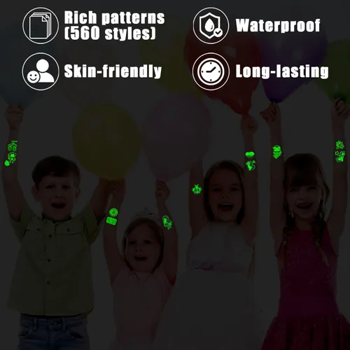 Vista 2 de Partywind 56 hojas de tatuajes temporales brillantes para niños, 560 estilos luminosos para fiestas, regalos sorpresa de cumpleaños, premios