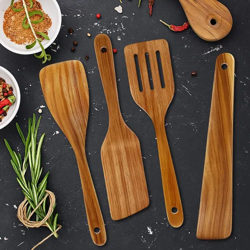 Vista 2 de Espátula de madera de acacia para cocinar cuchara no tóxica juego de 4 piezas