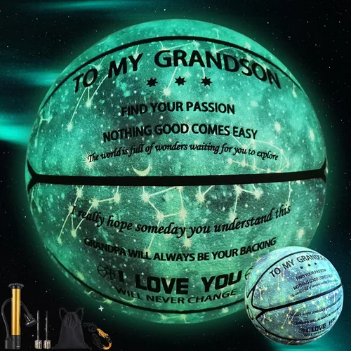 Vista 8 de Baloncesto grabado para hijo nieto que brilla en la oscuridad y holográfico, reflectante de 29.5 pulgadas con bomba de aire, regalo personalizado
