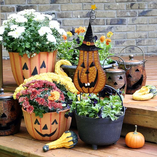 Vista 3 de Linfevisi Estacas de metal para jardín de Halloween, letrero de Halloween, decoración de calabaza, estacas de metal Jack-O'-Lantern, decoración