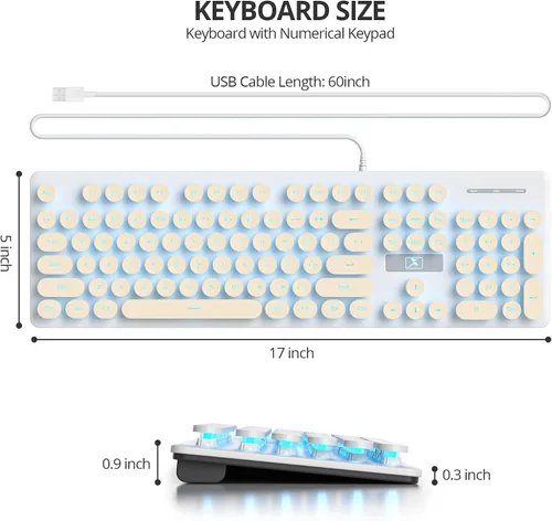 Vista 6 de Teclado de máquina de escribir retro con cable, teclado silencioso de computadora iluminado con 104 teclas redondas de tamaño completo, Azul