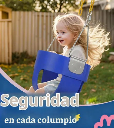 Vista 2 de Columpio de respaldo alto con cadenas recubiertas y protección triangular para mayor seguridad, columpio para bebé al aire libre con hebillas de Azul