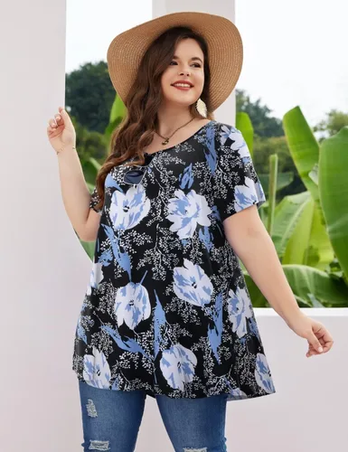 Vista 5 de MONNURO - Camiseta de manga corta para mujer, holgada con mucho vuelo, talla grande